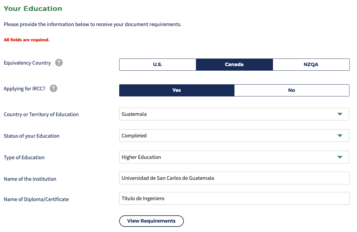 Formulario de documentos requeridos por WES